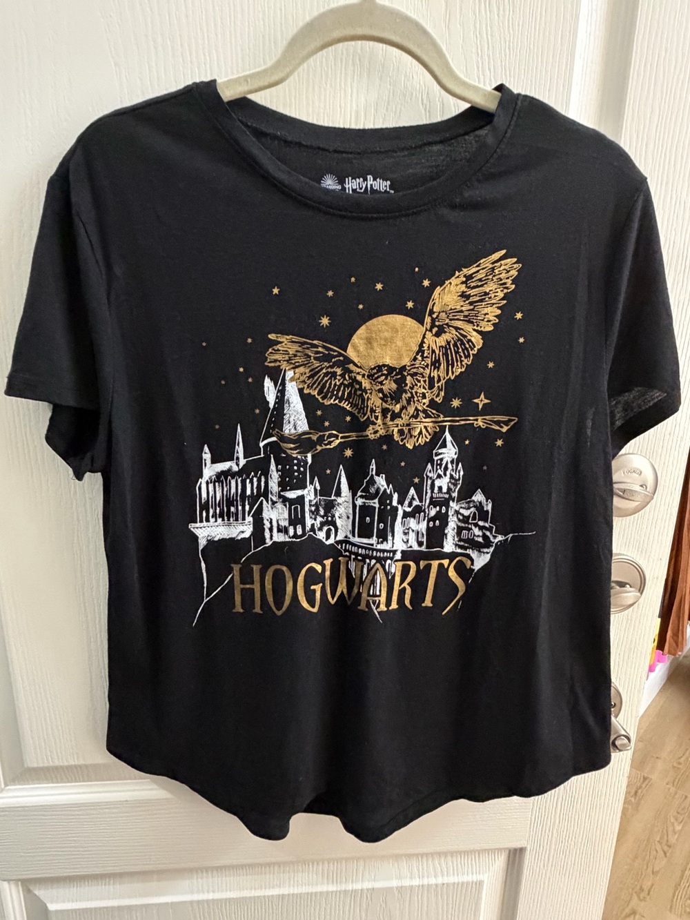 Harry Potter Hogwarts Graphic T-Shirt Black Gold Foil Owl Size XXL